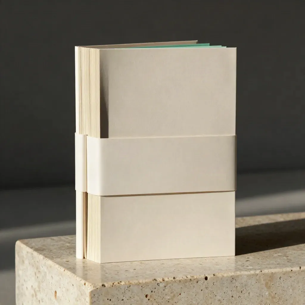 Folio laporan Indonesia di atas plinth batu travertine dengan aksen jade dan bayangan dramatis.