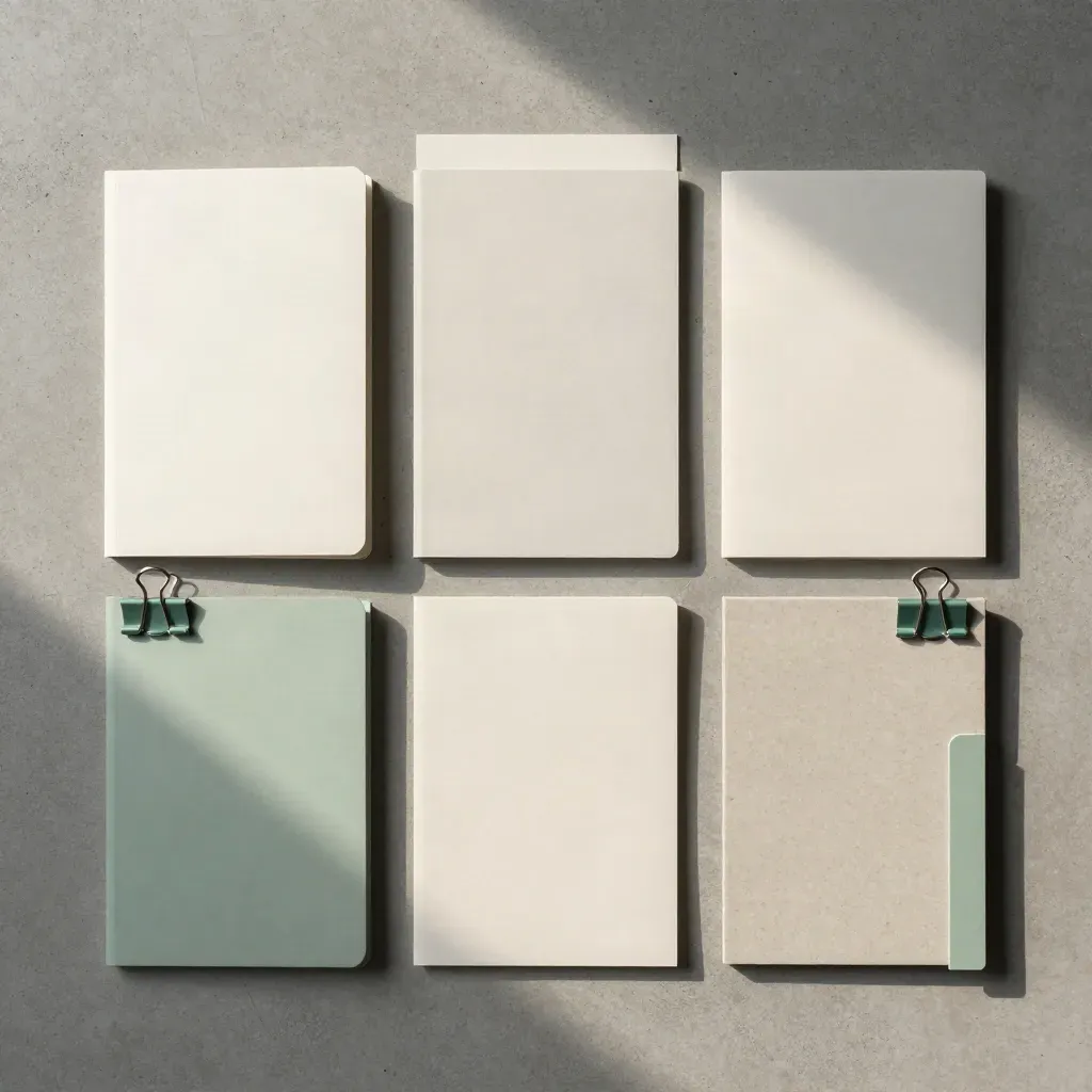Flatlay toolkit ekspor Thailand dengan booklet, divider, dan kartu lipat di atas beton abu-abu.