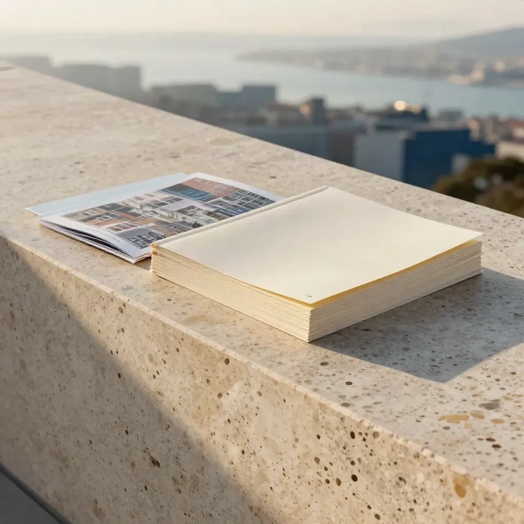 Taruh travertine dengan tumpukan folio dan latar kota blur yang tenang.
