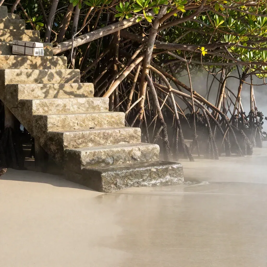 Pemandangan bakau pesisir dengan tangga batu, kayu apung, dan map laporan di kabut pagi.