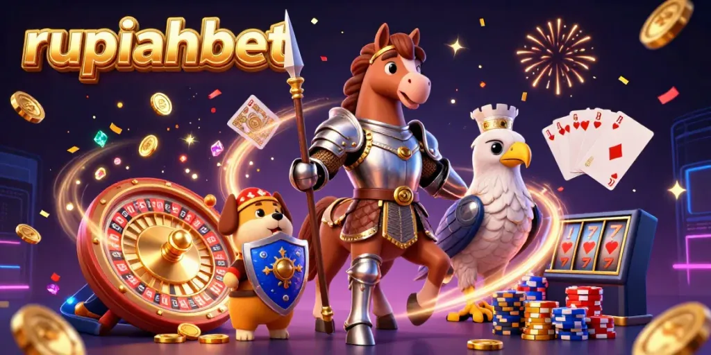Experience the thrill of rupiahbet with a medieval knight, squire puppy, and falcon surrounded by casino elements.