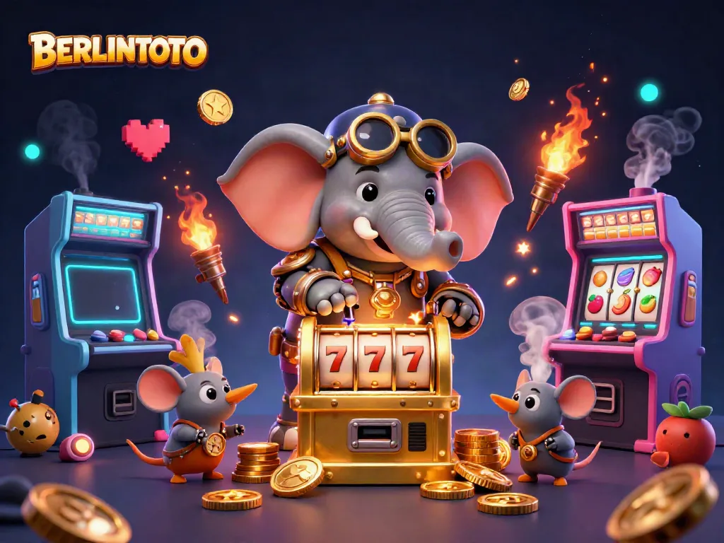 Engage in thrilling gaming experiences at BERLINTOTO with a steampunk-themed slot machine and vibrant arcade elements.