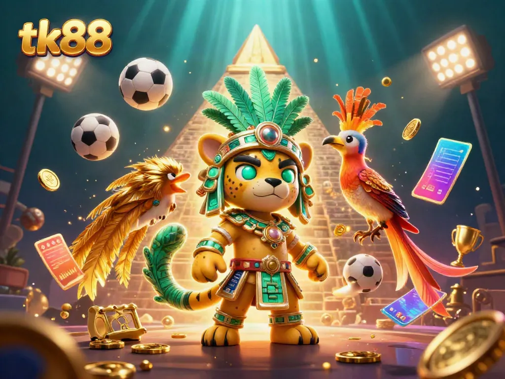 Engage in thrilling gaming with tk88's vibrant 3D casino scene featuring a Mayan priest and gold sports elements.