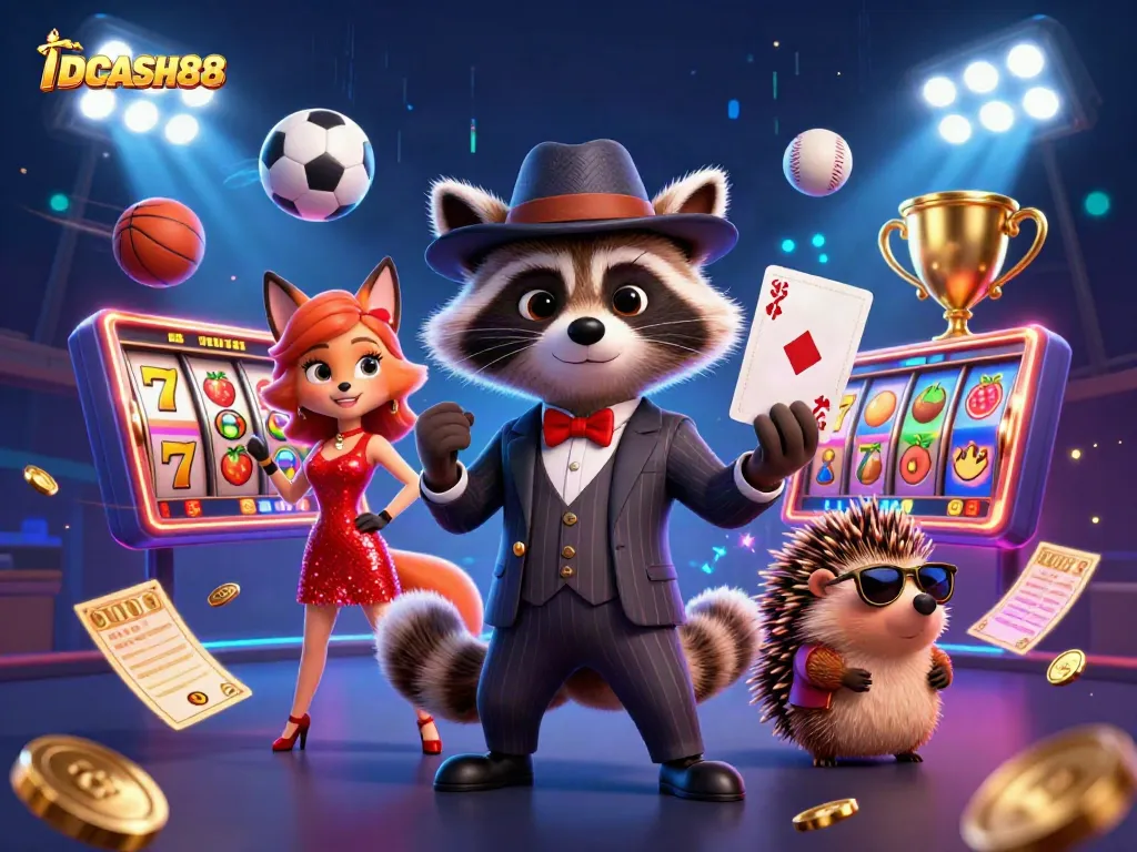 Experience the excitement of IDCASH88 with engaging slot reels and dynamic casino characters.