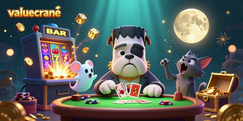 Menggandeng gaya bermain, valuecrane menampilkan monster bulldog 3D yang memasang kartu di meja kasino bertema menyeramkan.