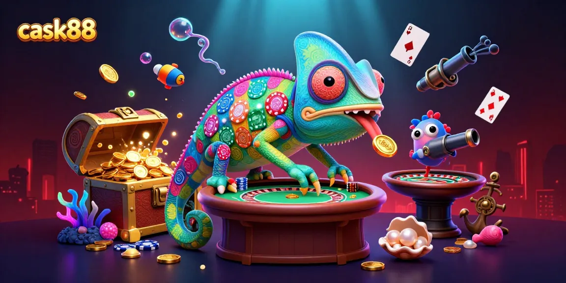 Engage with cask88's vibrant casino scene featuring an animated chameleon and treasure elements.