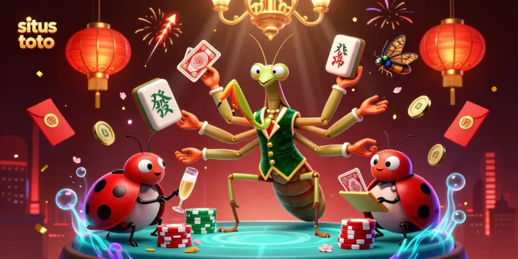 Situs toto showcases a vibrant scene with a mantis dealer, ladybug pit boss, and festive elements, perfect for gaming.