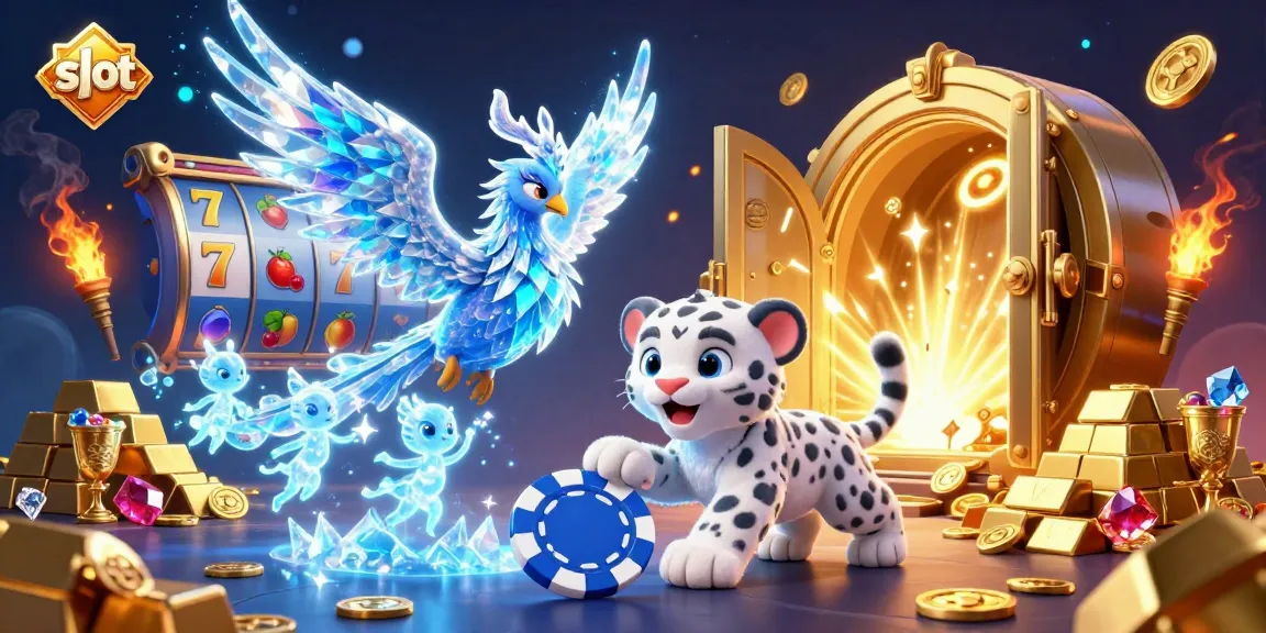 Slot dimainkan oleh phoenix es, anak macan tutul, dan sprite es di latar belakang cahaya emas.
