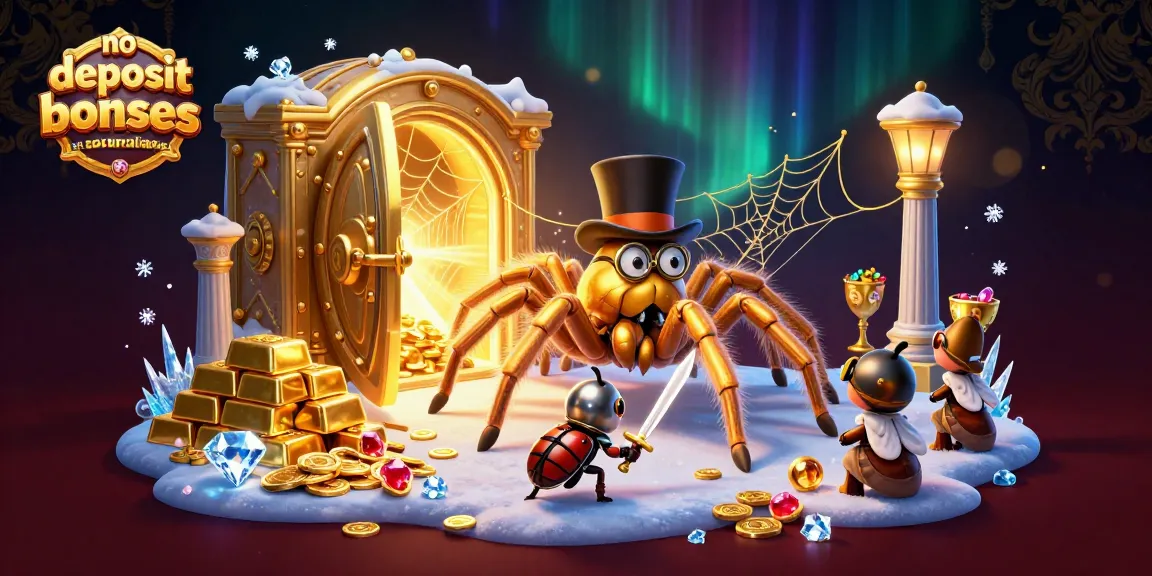 No deposit bonuses at australian casinos illustrated with a golden tarantula and treasure elements in a vibrant casino scene.