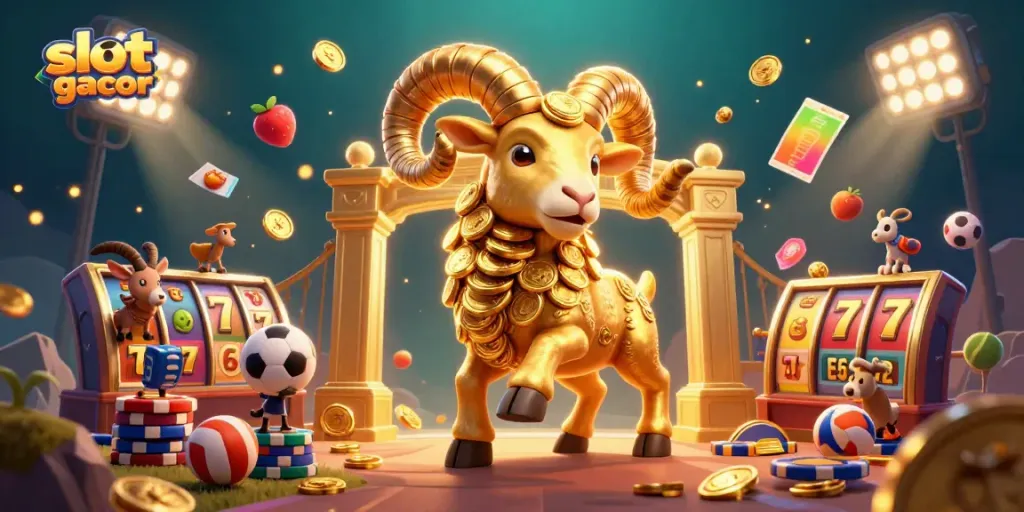 Engage in slot gacor adventures with a golden ram charging through casino vibes.