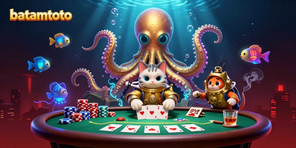 Engaging batamtoto casino scene with kraken and diving cat surrounded by poker elements