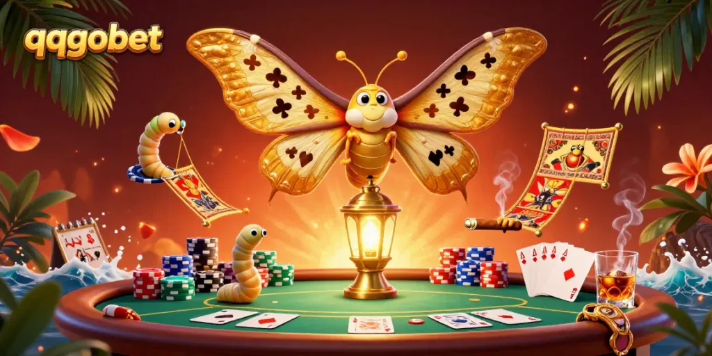 Engage in thrilling poker at qqgobet with a vibrant scene of a moth representing casino games.
