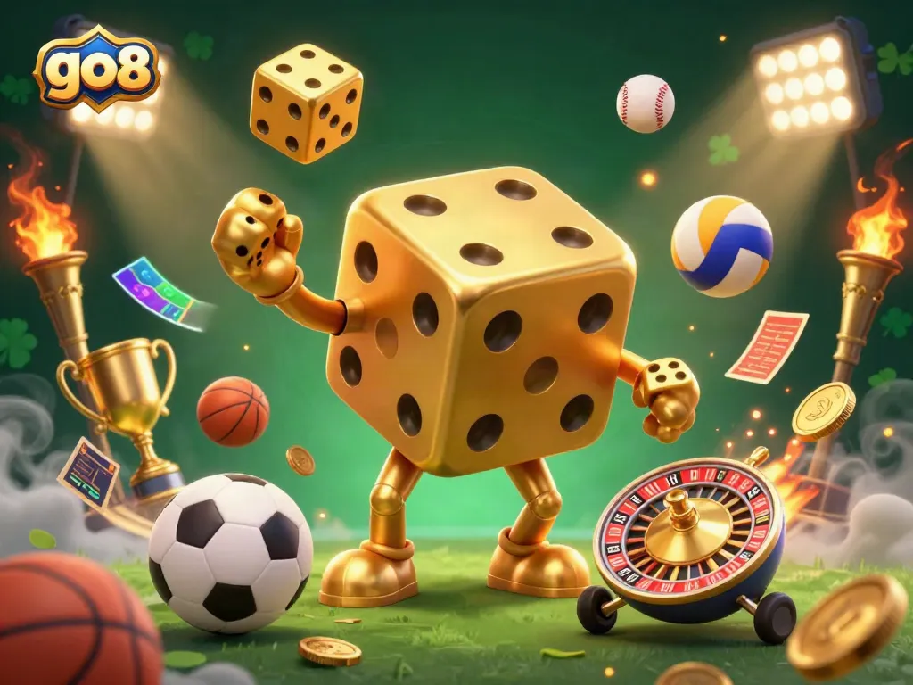 Engage with go8's thrilling golden dice golem in a lively casino scene with sports balls and betting slips.
