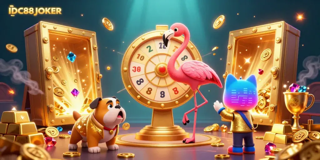 Experience the thrill of winning at IDC88JOKER with an exciting game show scene featuring lively characters and golden treasures.