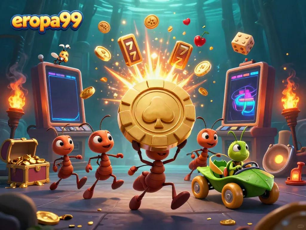 Permainan seru di eropa99 dengan karakter kartun, chip poker emas, dan mesin slot berjatuhan koin.