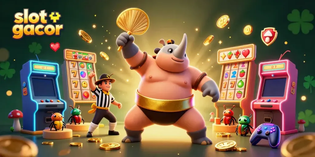 Slot gacor dalam ilustrasi 3D dramatis dengan karakter unik dan elemen permainan kasino.