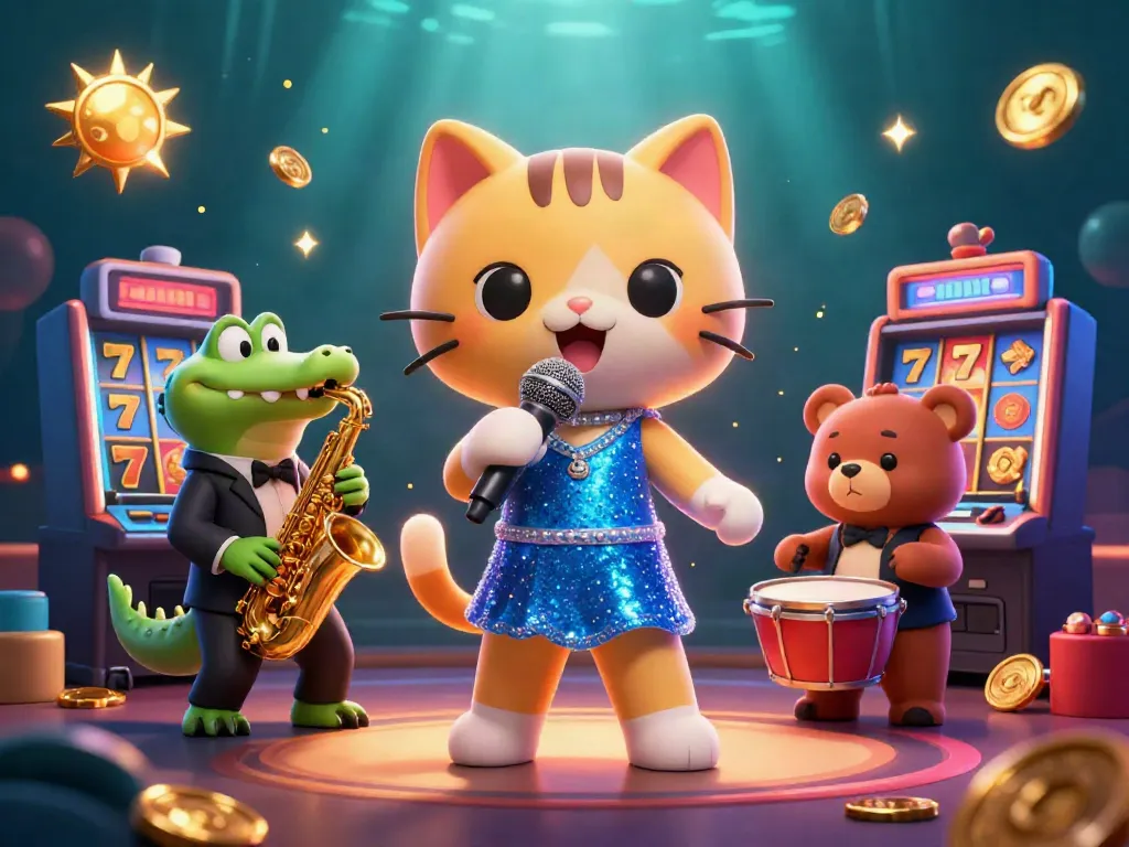 Engage with thrilling casino action from Sun featuring a lively scene with slot machines, jazz singer, and more.