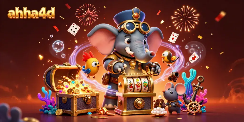 Slot online ahha4d dengan gajah steampunk meriah dan suasana penuh warna, petualangan judi yang menarik.