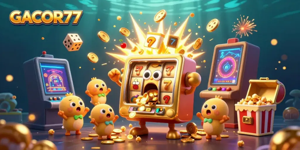 GACOR77 mesin slot berjalan jackpot dengan koin berjatuhan, mesin kecil merayakan, mengingatkan pengalaman bermain slot online.