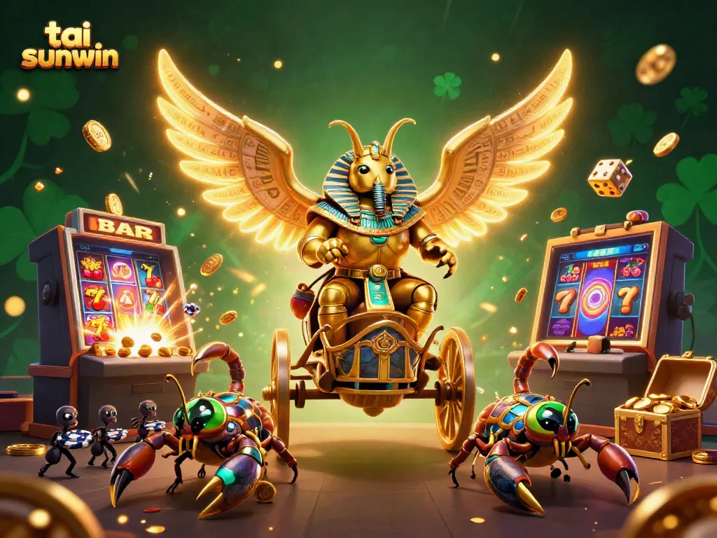 Play tai sunwin with a vibrant scene of a golden beetle, scorpions, and casino elements amid an explosion of coins.