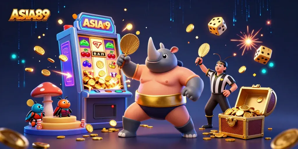 Experience the excitement of ASIA89 with a vibrant 3D scene featuring a sumo beetle champion amidst a jackpot explosion.