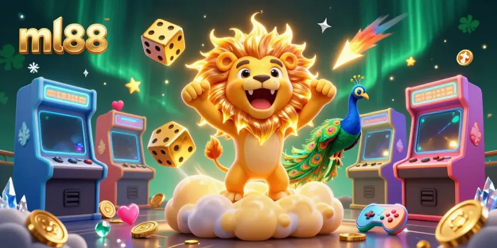 ml88 showcases thrilling casino adventures with a dynamic 3D lion, golden dice, and fantastic game elements.