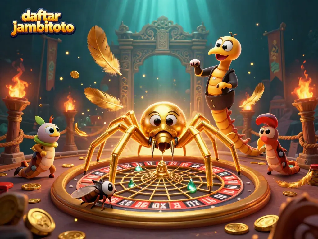 Engage with daftar jambitoto by betting in a thrilling 3D roulette-inspired web scene with golden spider and centipede croupier.