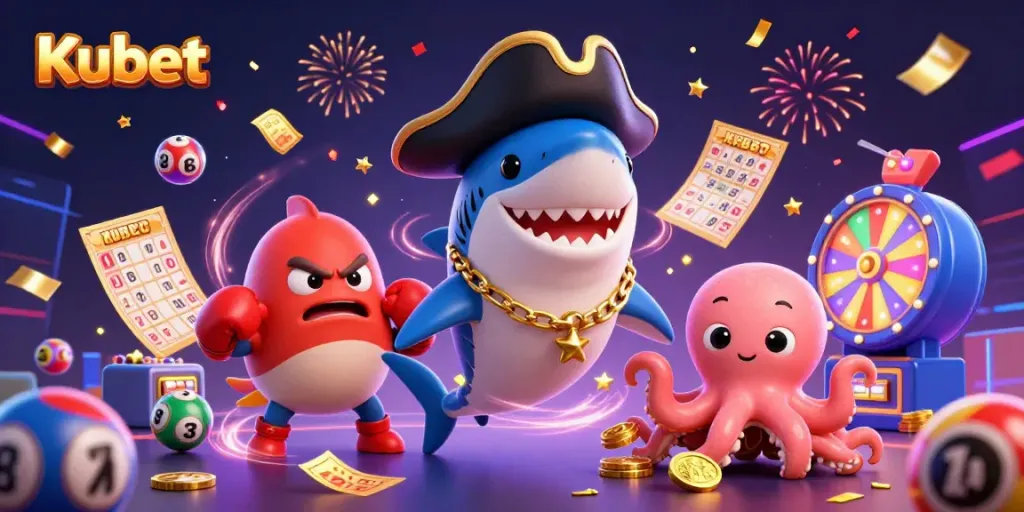 Kubet offers a vibrant casino experience, showcasing a pirate shark, an angry pufferfish, and a cute octopus amidst lively games.