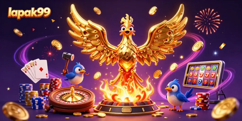 Experience the excitement of lapak99 with a golden phoenix rising amidst casino treasures.