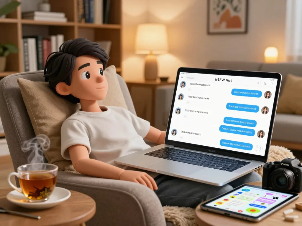 Interactive NSFW AI chat scene showing user engaging with a digital avatar interface in a cozy home setting.