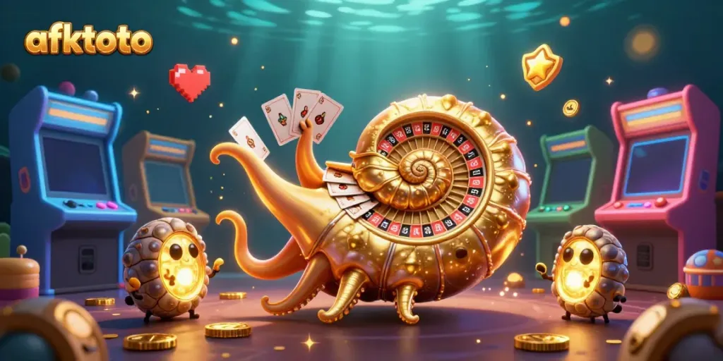 Aktifkan akses afktoto dengan nautilus kuno yang memegang kartu dan roulette, dikelilingi mesin permainan cerah.