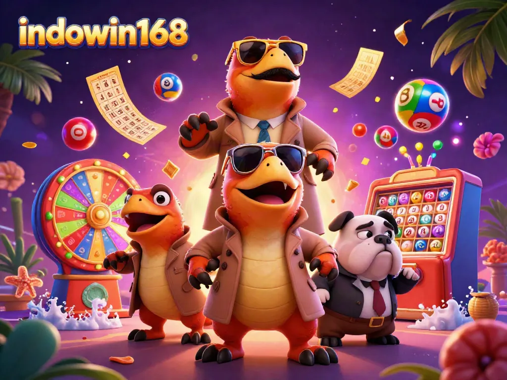 Win exciting lottery prizes with indowin168 in this vibrant casino-themed illustration.