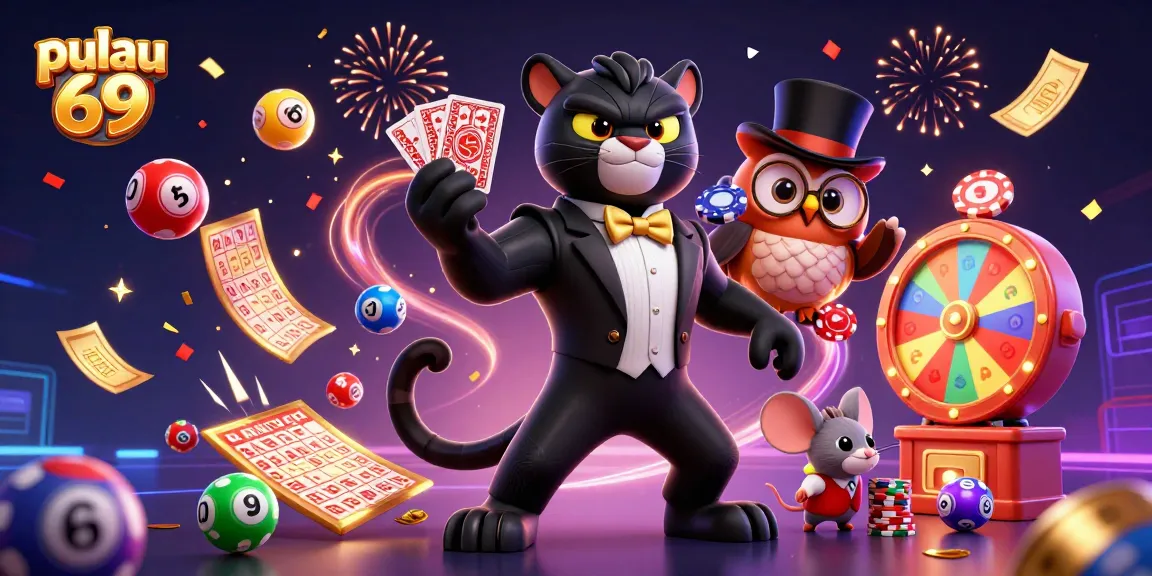 Pulau 69 showcases an exciting 3D casino scene with vibrant characters and dynamic gaming elements.