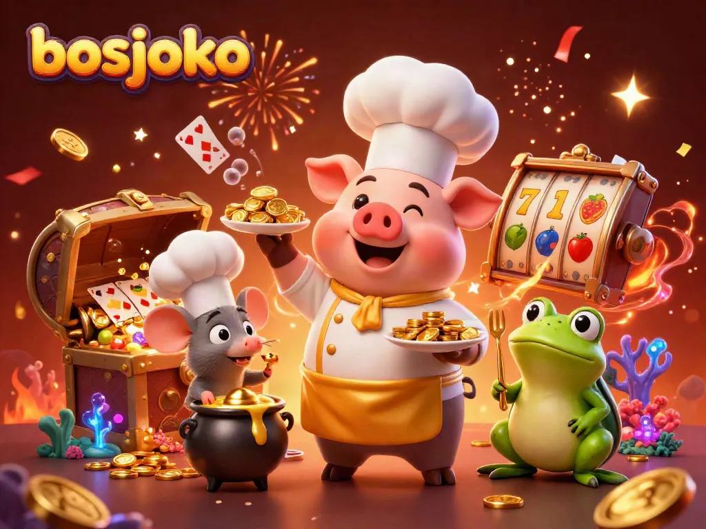 Join the fun with bosjoko as the chef pig serves golden riches amidst slot reels and colorful gems.