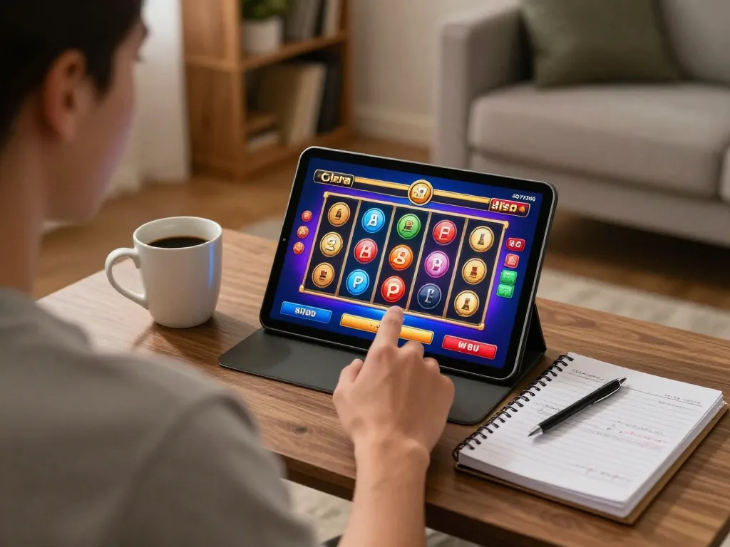 Player spinning slot pulsa reels on a tablet in a cozy home setting