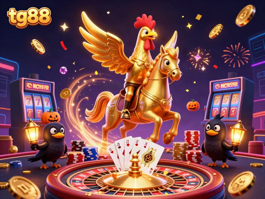 Experience tg88 in an enchanting casino scene with a golden rooster character amidst vibrant gaming elements.