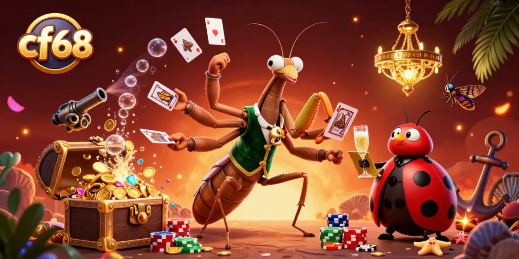 Experience the excitement of cf68 with a vibrant illustration of card games and treasures.