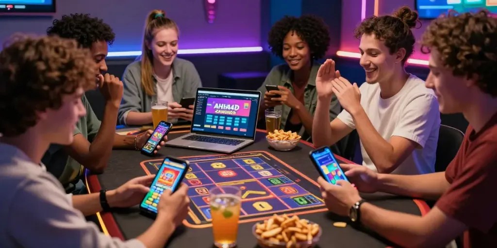 AHHA4D: Teman-teman bersenang-senang bermain slot online di meja dengan perangkat mobile.