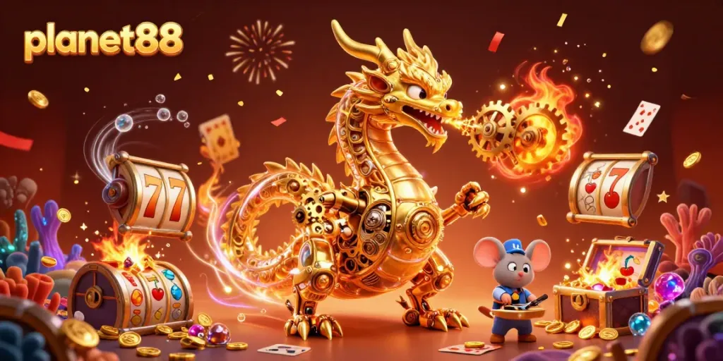 A dynamic gaming scene from planet88 featuring a golden dragon and tiny mouse amidst spinning slot reels, colorful gems, and celebratory confetti.