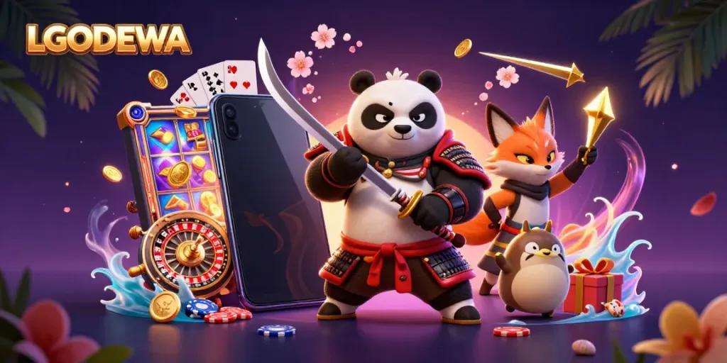 Engage with LGODEWA's unique gaming atmosphere featuring interactive 3D characters and vibrant casino elements.