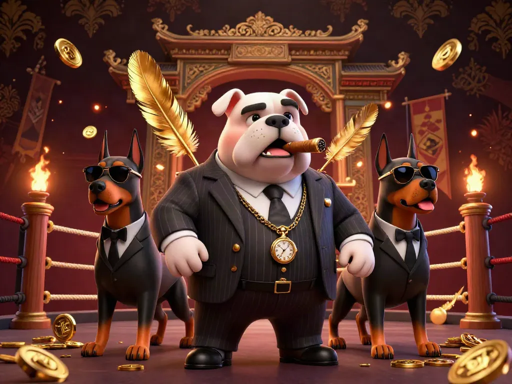 A 3D cartoon mafia boss bulldog in a suit surrounded by golden coins, embodying ahha4d's vibrant gambling experience.