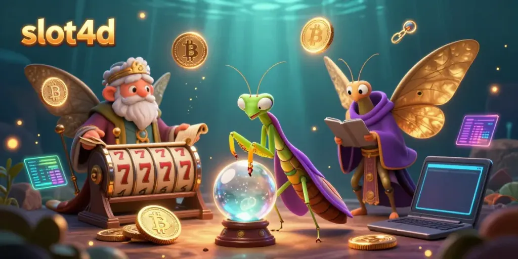 Experience the excitement of slot4d with a vibrant 3D illustration featuring a mystical fortune teller and winning symbols.