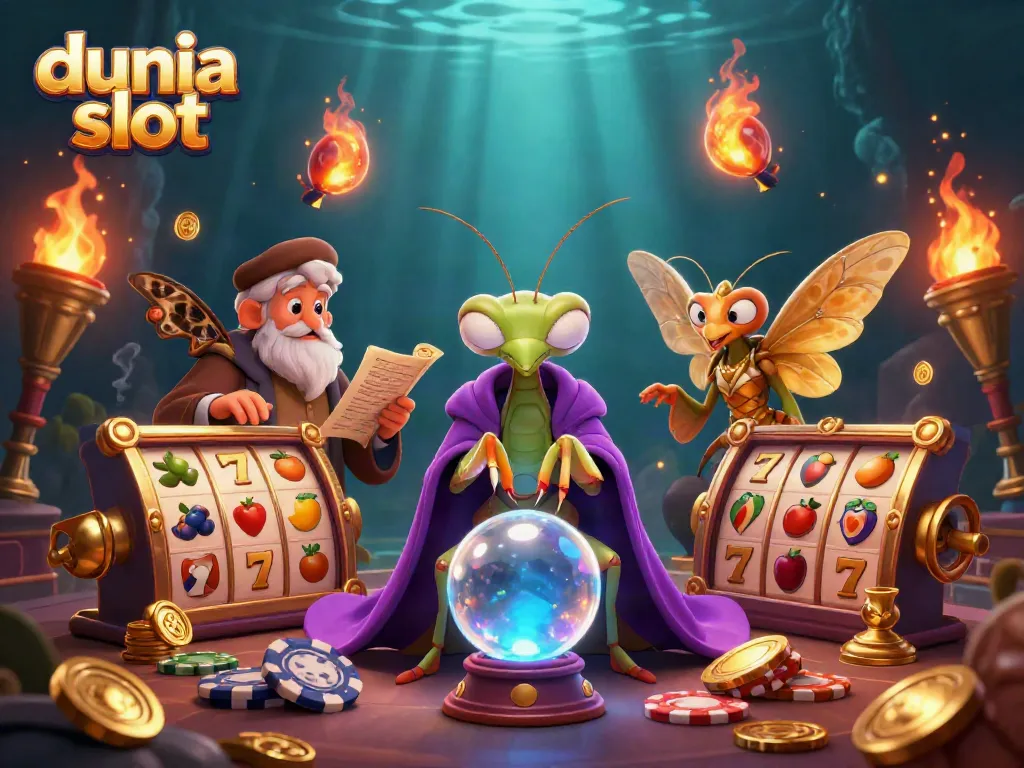 Menangkan dunia slot dengan keberuntungan dari Mantis peramal dan Moth pustakawan, dikelilingi elemen kasino.