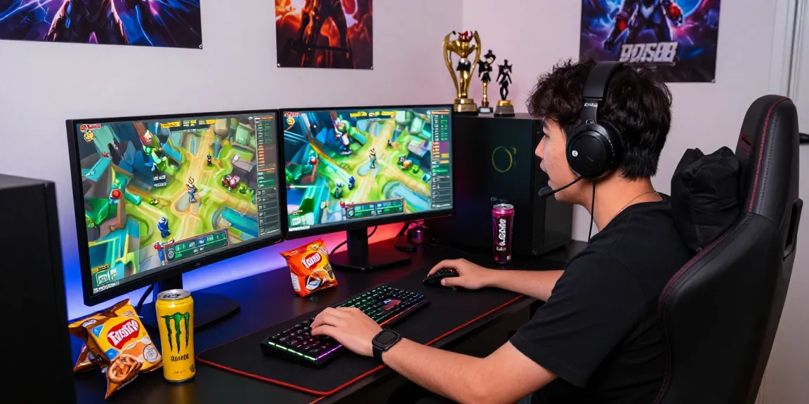 Seorang pemain bermain BOS88 di ruang permainan yang nyaman dengan peralatan gaming canggih.