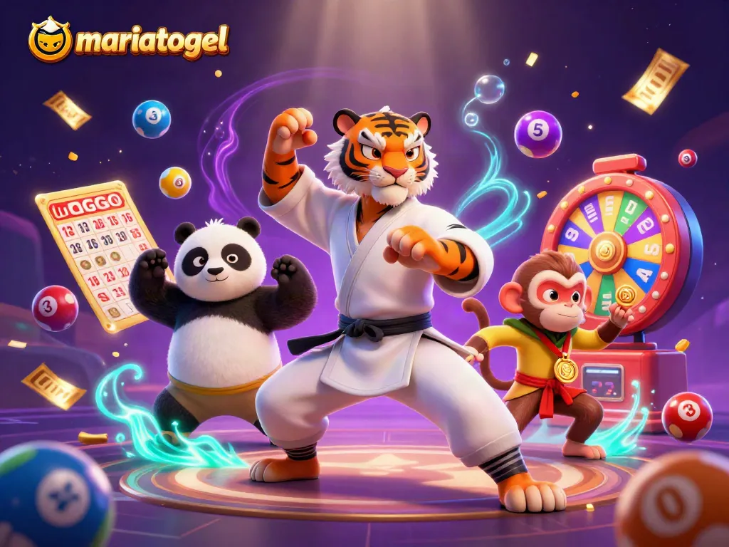 Play with mariatogel's immersive lottery scene featuring a kung fu master, panda disciple, and spirited monkey amidst vibrant game elements.