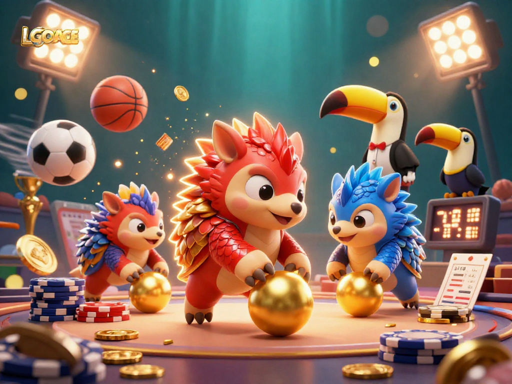 LGOACE showcases rival pangolins in a vibrant casino scene, spinning poker chips and sports balls.