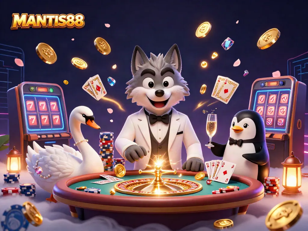 Experience thrilling wins at MANTIS88 with our luxurious 3D baccarat scene featuring stylish characters and dynamic casino elements.