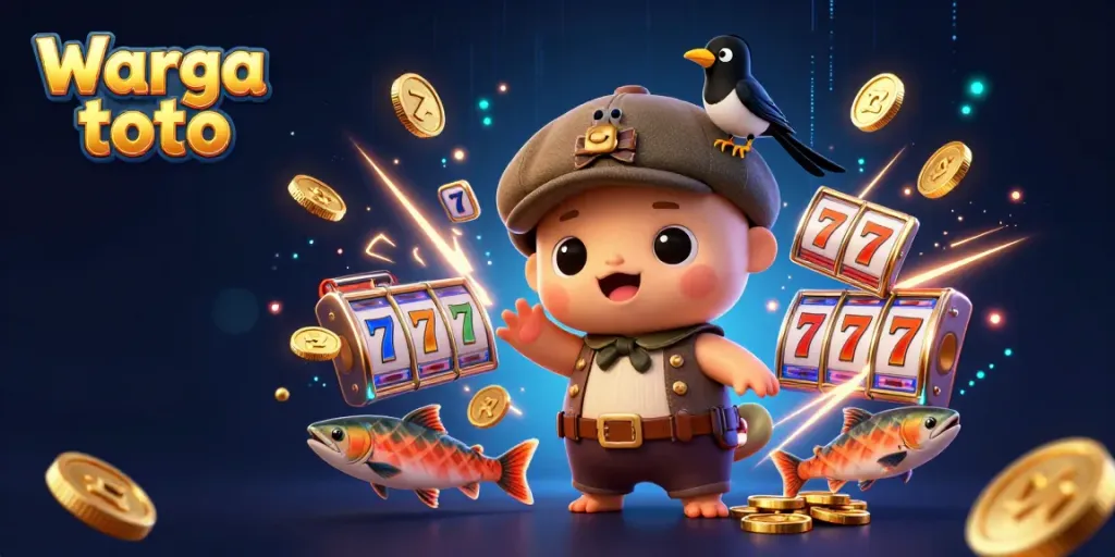 Visualisasi Warga toto dengan karakter lucu, elemen slot, dan koin emas untuk menarik perhatian pemain.