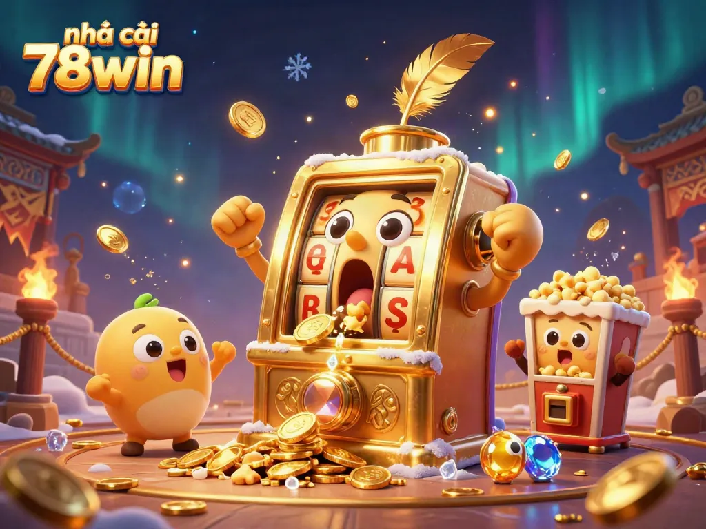 Experience excitement at nhà cái 78win as the cheerful slot machine celebrates its jackpot surrounded by cheerful mini machines and golden coins.