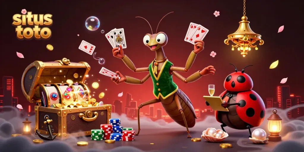 Engaging scene featuring situs toto with a giant praying mantis card sharp and a ladybug pit boss amidst vibrant casino elements.